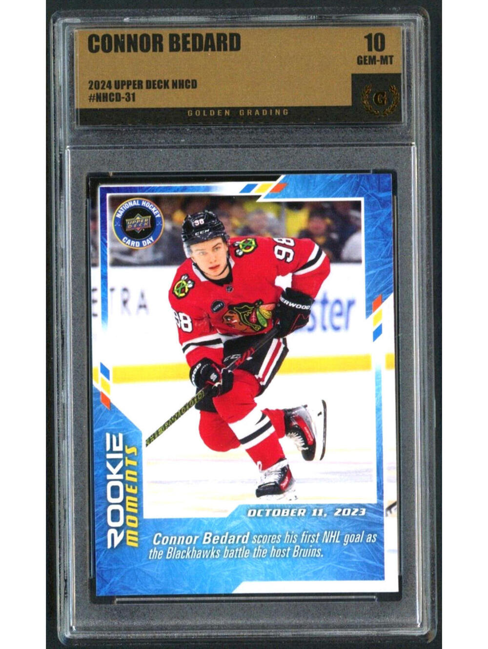 Connor Bedard Rookie Card 2024 Upper Deck First Goal  Graded 10 Gem Mint Rare RC